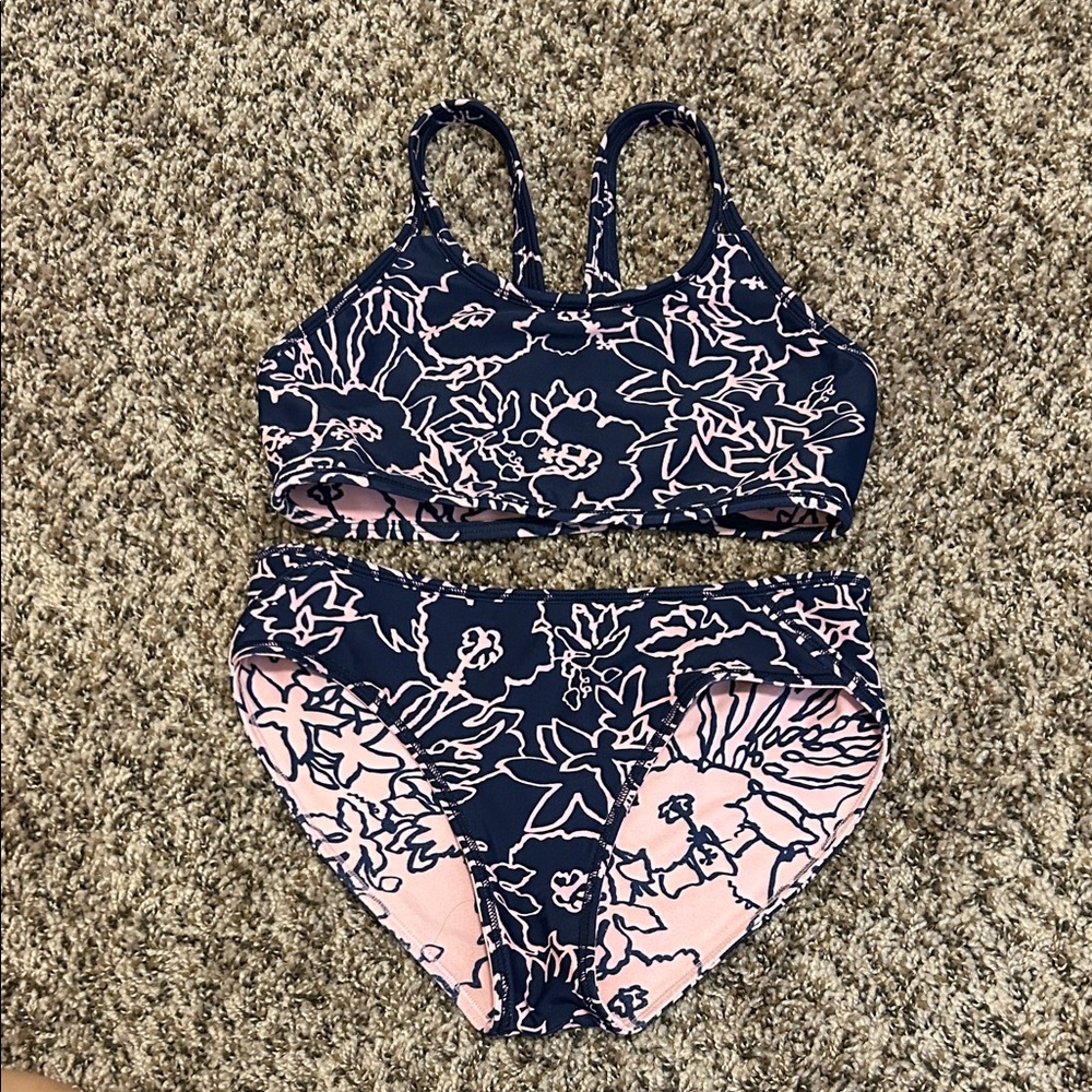 Athleta Girl Reversible Pool Days Bikini Top and Bottom - Navy and Pink Floral